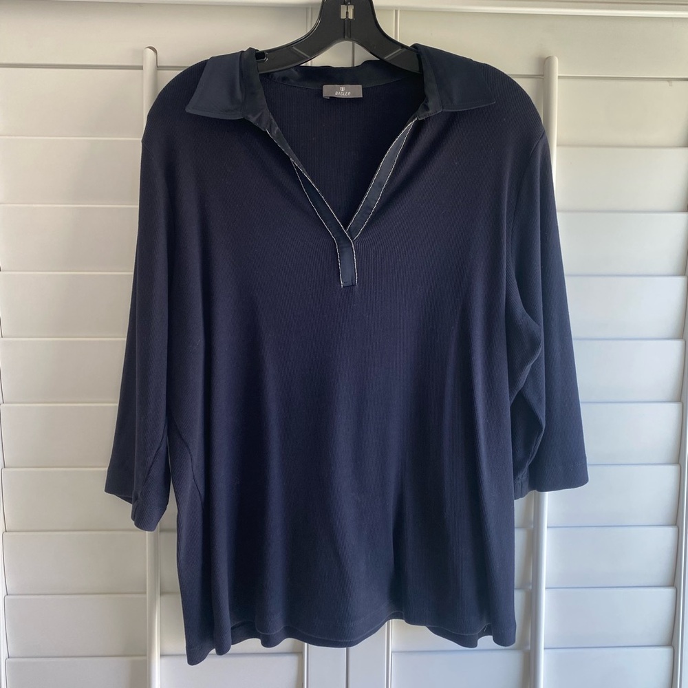 Basler Navy Blue Collared Tunic Top Cotton Stretch Large